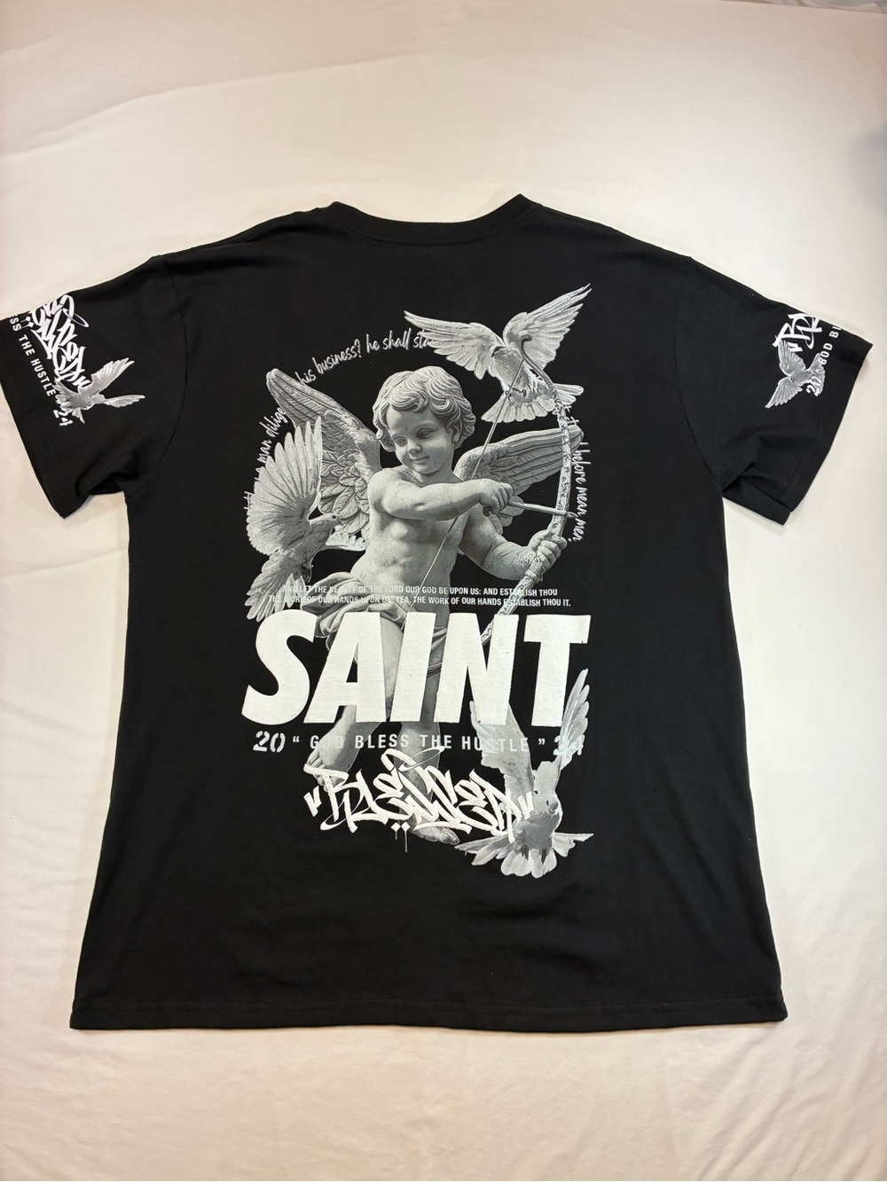 Saint Black Short Sleeve Graphic Tee with Cherub Motif